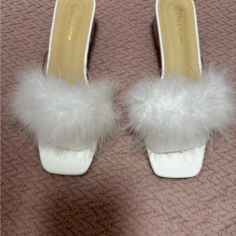 White Feather Slippers w/ low heel